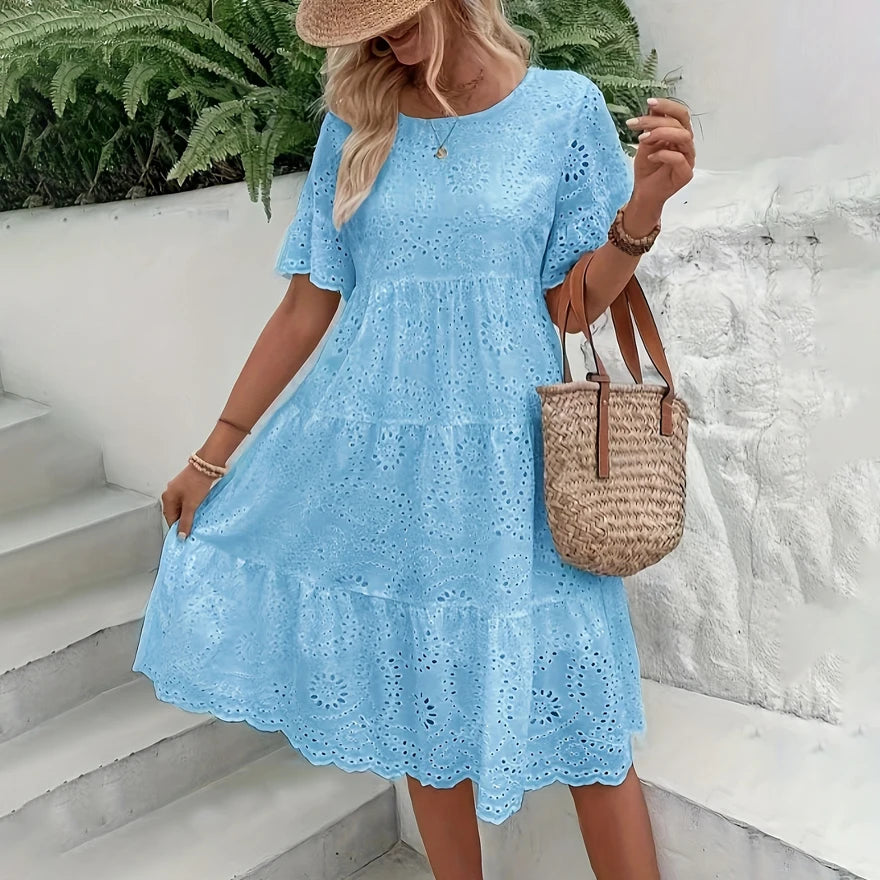 Women's White Hollow Out Boho Midi Dress