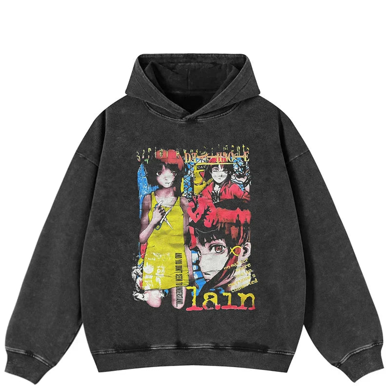 Retro Anime Vintage Black Washed Hoodie