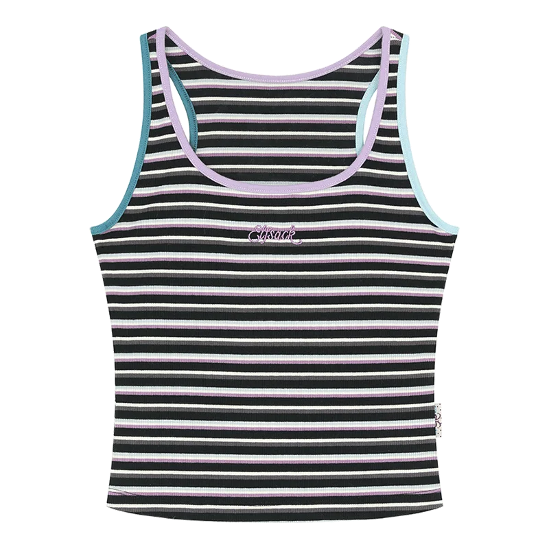 A women's ribbed tank top with horizontal black, white, and light pink stripes, featuring a light purple scoop neck trim, light blue shoulder strap edges, and a small 'Classic' embroidered logo on the center chest.