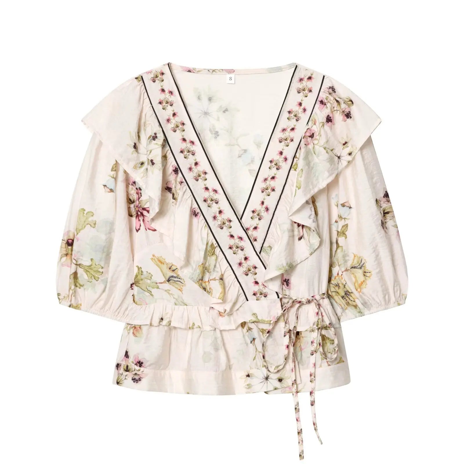 Floral Print Ruffle Wrap Vintage Blouse