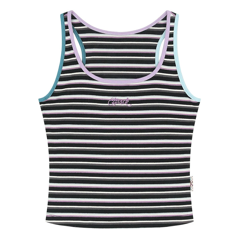 A women's cropped tank top with horizontal black, white, and light pink stripes, featuring a light purple scoop neck trim, light blue shoulder strap edges, and a small cursive 'Classic' logo on the left chest.