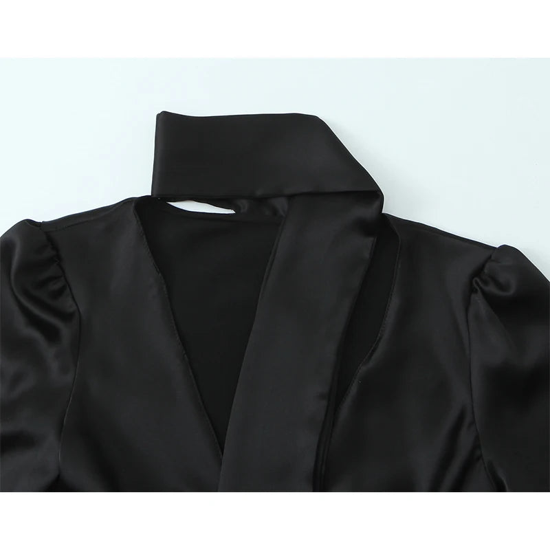 Long Sleeve V Neck With Scarf Satin Shirt