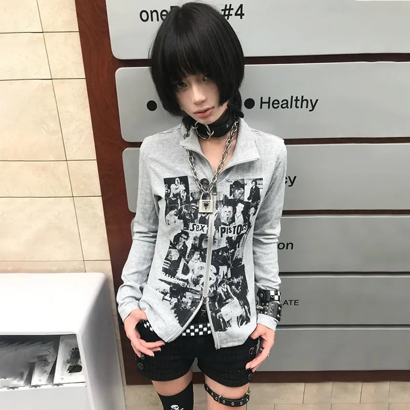 Grunge Graffiti Print Zipper Shirt
