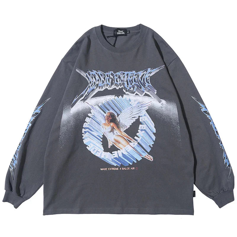 Retro Angel Print Loose Hip Sweatshirt