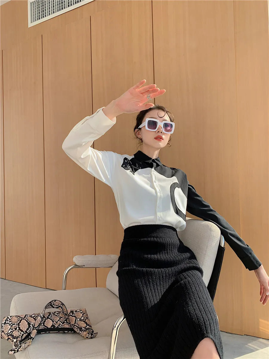 Stylish Leopard Embroidered Long Sleeve Shirt