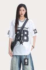 Contrast Paneled Letter Patch Embroidered T-Shirt