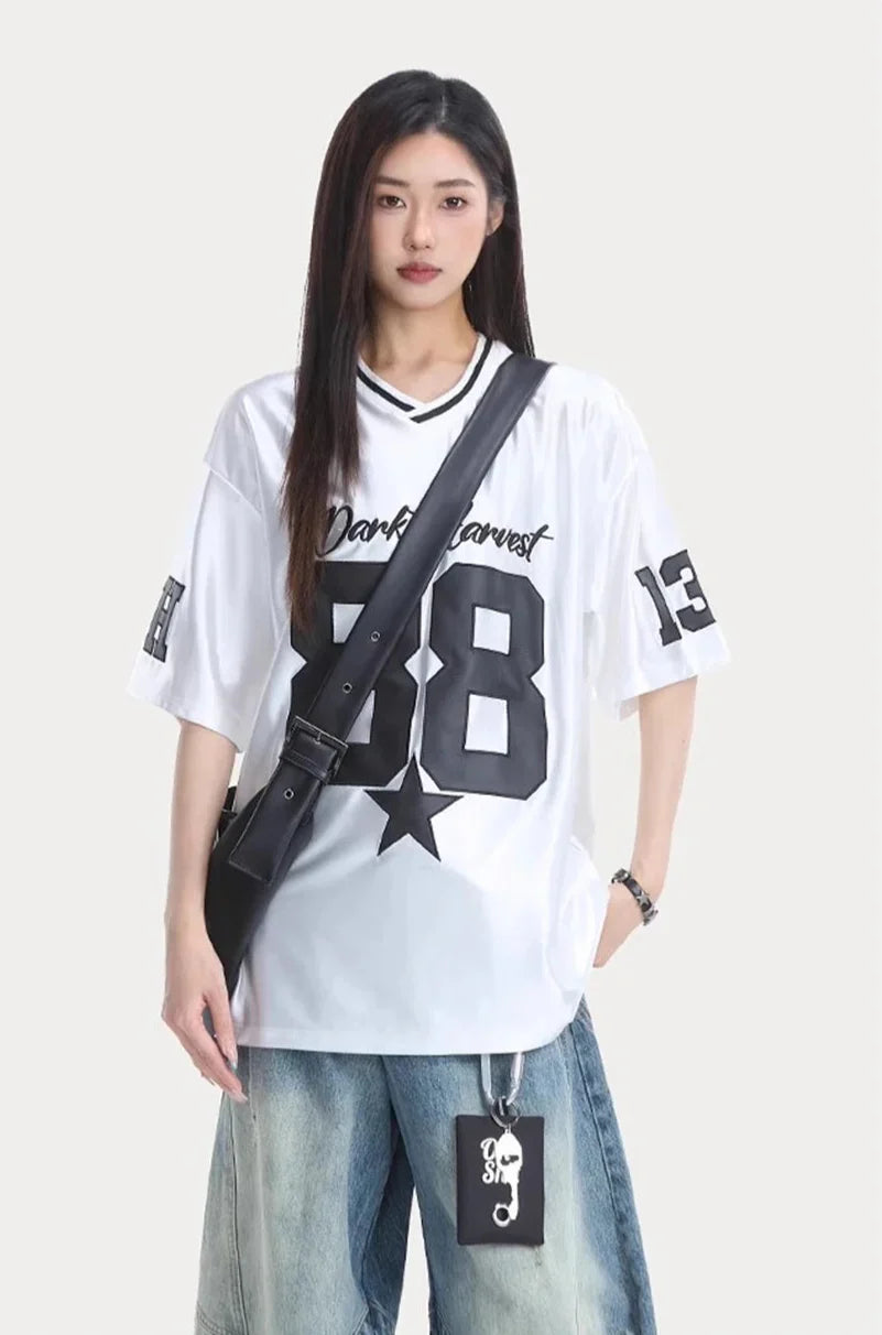 Contrast Paneled Letter Patch Embroidered T-Shirt