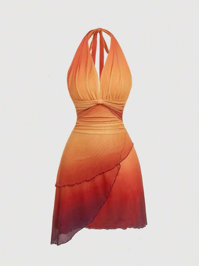 Gradient Bow Tie Asymmetrical Backless Mini Dress