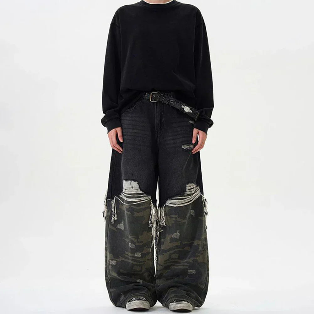 Y2K Camouflage Stitched Ripped Jeans