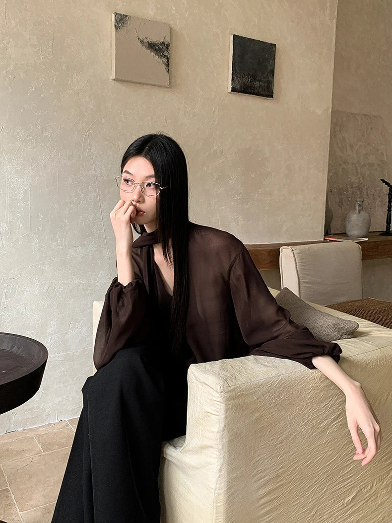 Brown Chiffon long Sleeve Ribbon Blouse