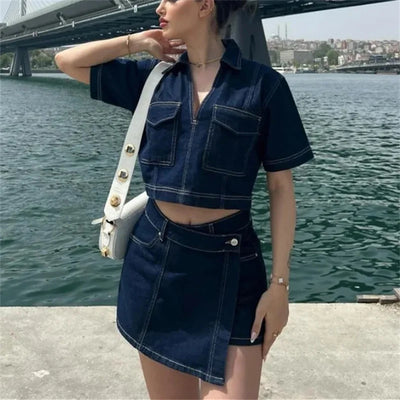 Blue Y2k Denim Shirt & Skort Set Women