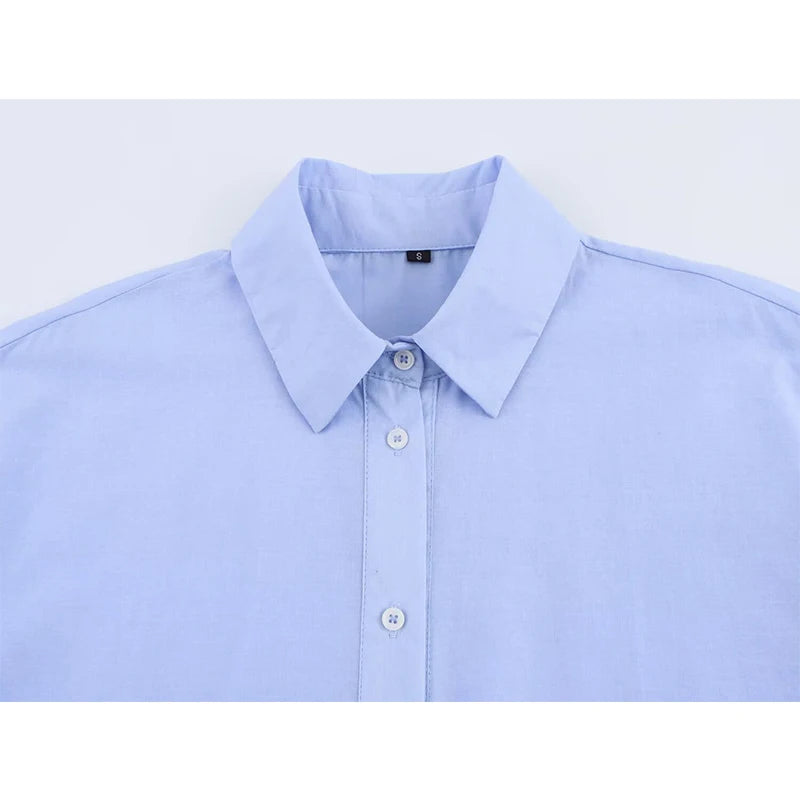 Hollow Out Embroidery Women Blue Shirt