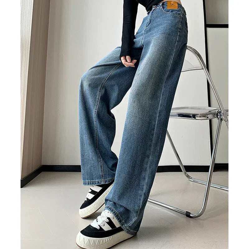 High Waist Vintage Blue Baggy Straight Jeans
