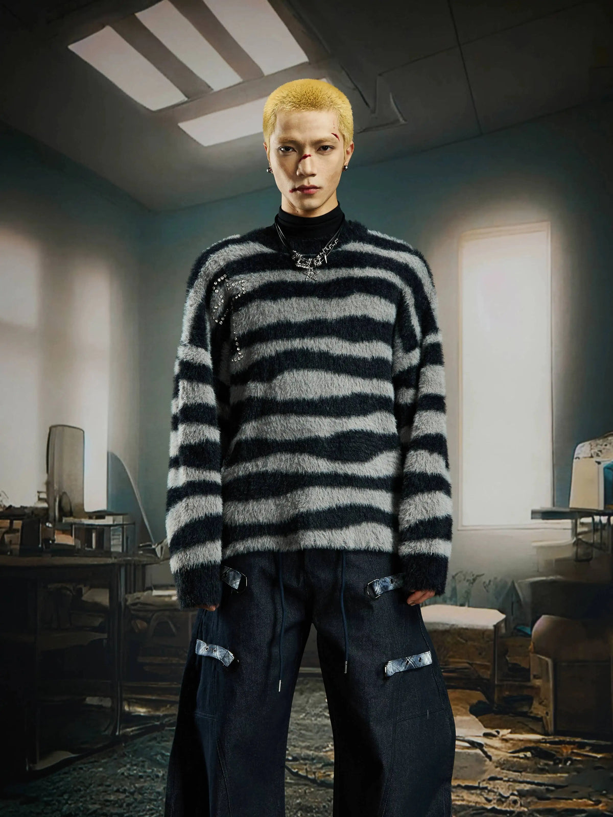 Stripped Zebra Round Fuzzy Sweater