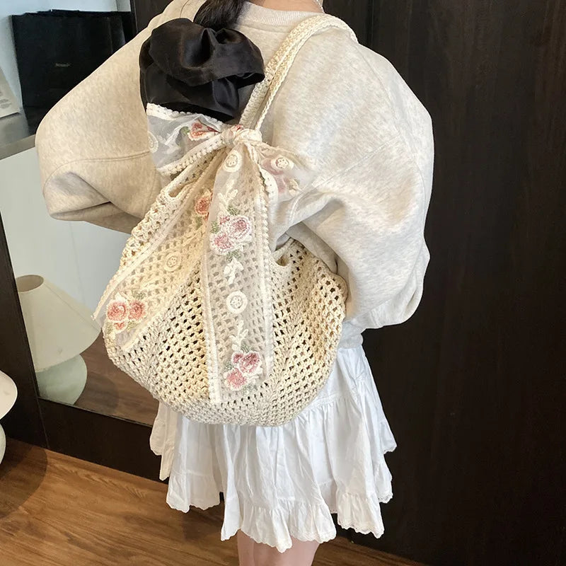 Summer Beach Tote Bag Solid Color Crochet