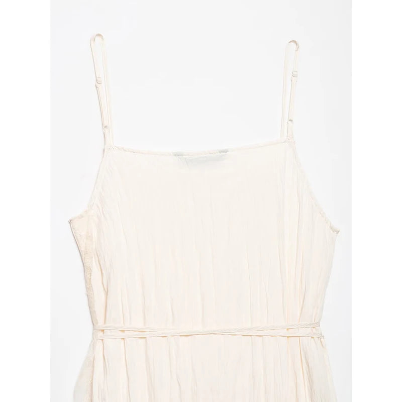 Beige Romantic Crinkled Wrap Slip Dress