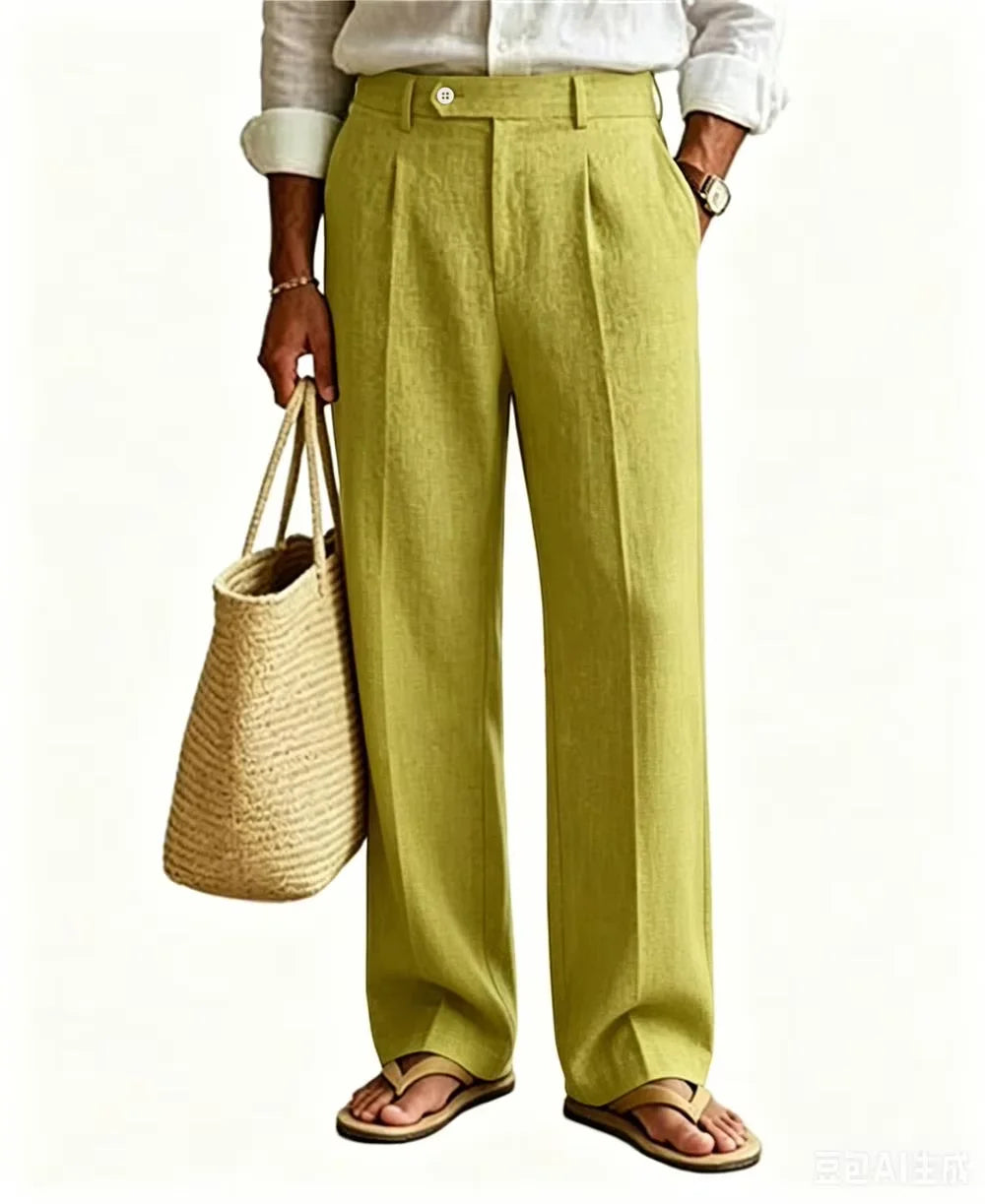 Linen Beige Straight Leg Pants