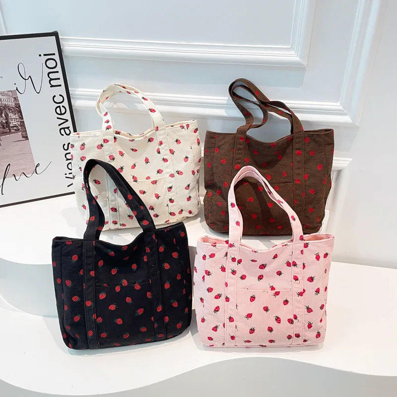 Corduroy Strawberry Print Tote Shoulder Bag