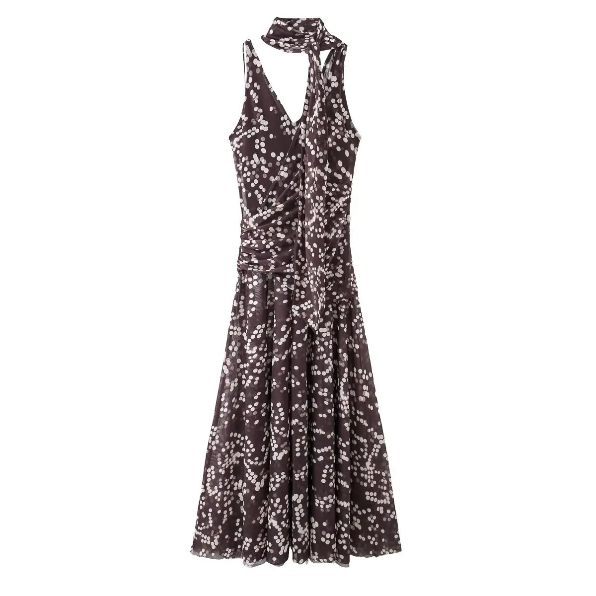 Brown Long Polka Dot Dress Sexy Sleeveless