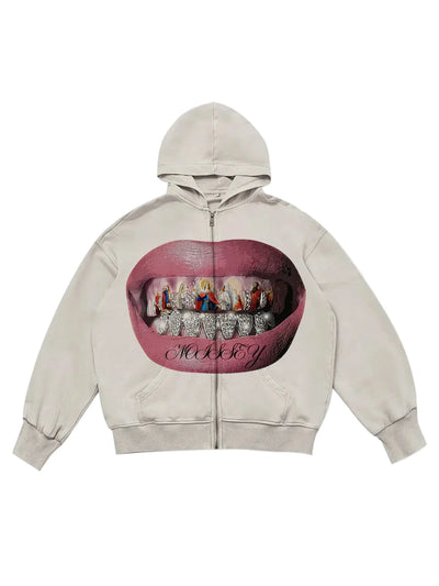 Cream Lips Print Zip-Up Hoodie