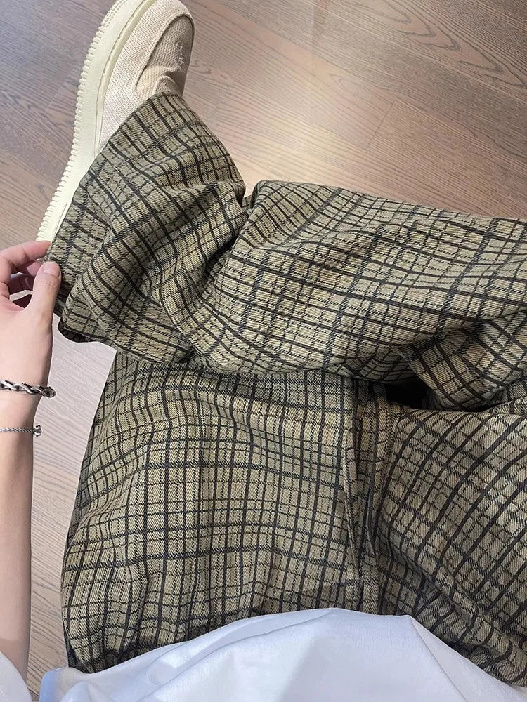 Y2K Olive Plaid Wide Leg Pants