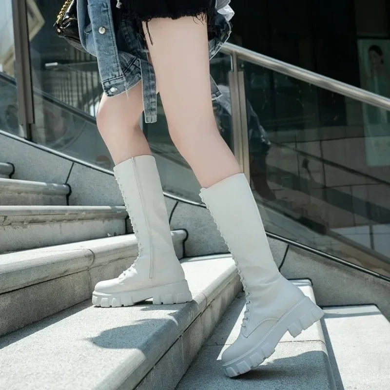 Faux Leather Knee High Lace Up Boots