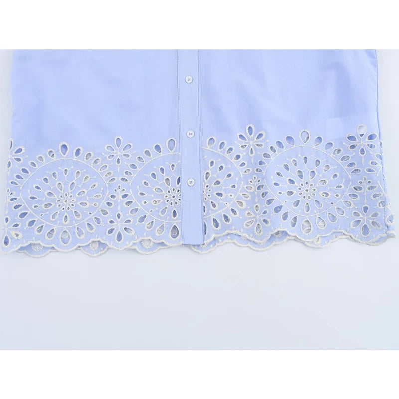 Hollow Out Embroidery Women Blue Shirt