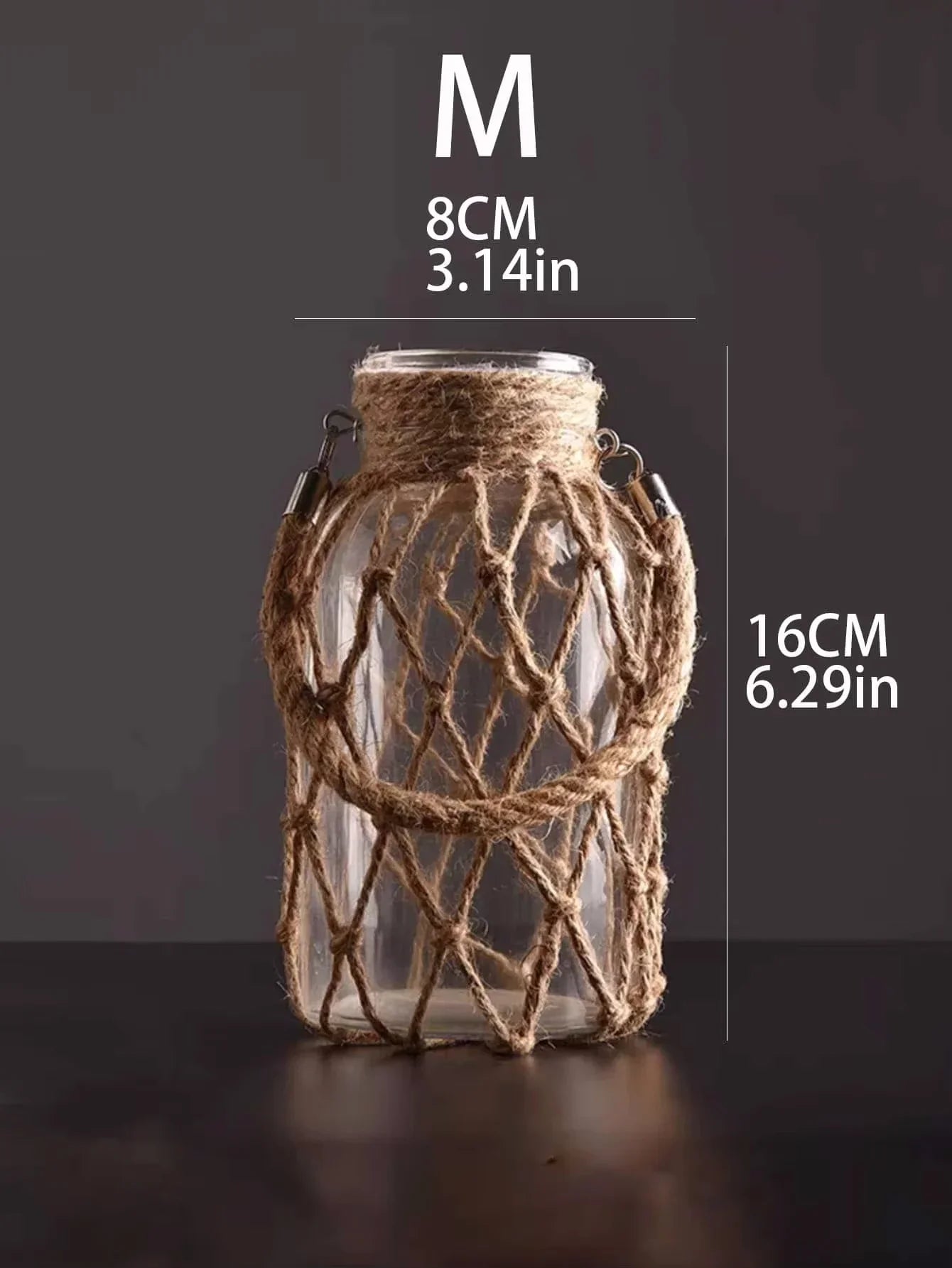 Jarrón de cristal con cuerda tejida a mano