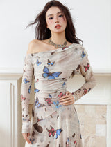 Butterfly Print Off Shoulder Maxi Dress
