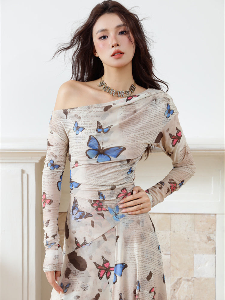 Butterfly Print Off Shoulder Maxi Dress