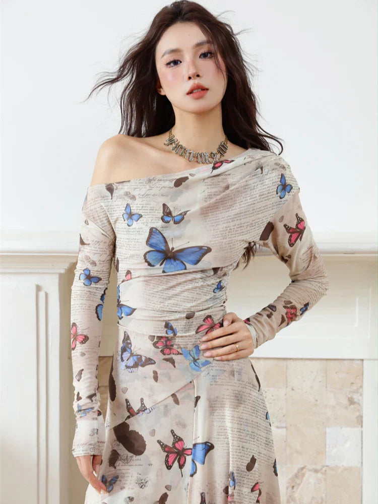 Butterfly Print Off Shoulder Maxi Dress