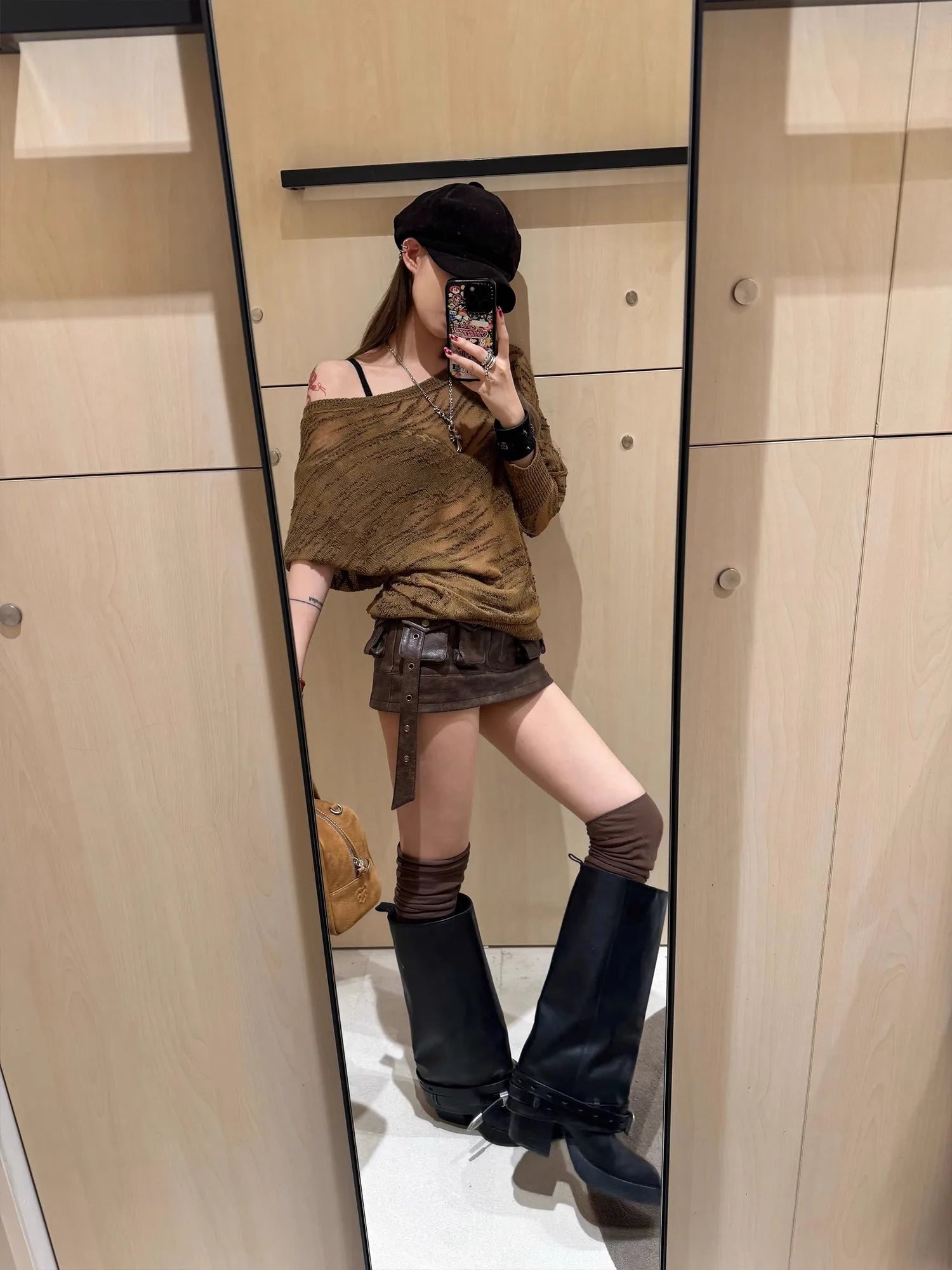 Vintage Distressed Brown Leather Mini Skirt