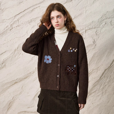 Flower Applique V-neck Cardigan