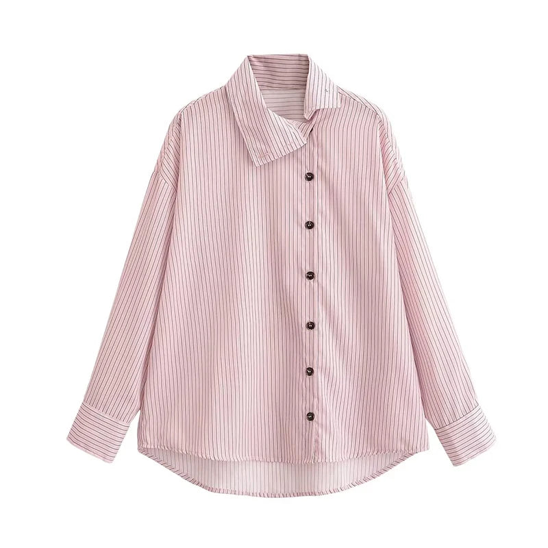 Women Pink Striped High Neck Shirt