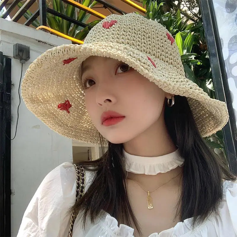 Red Love Crochet Handmade Straw Hat