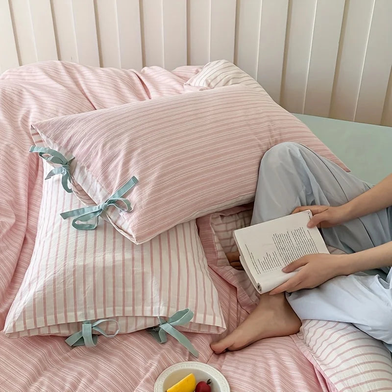 Double Sided Stripes Bow Cotton Pillow Case