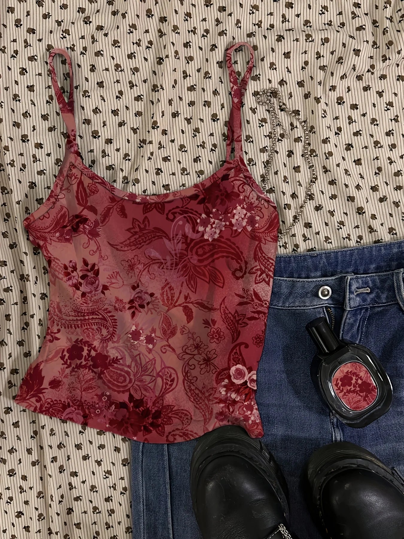 Y2K Red Floral Sheer Cami Crop Top