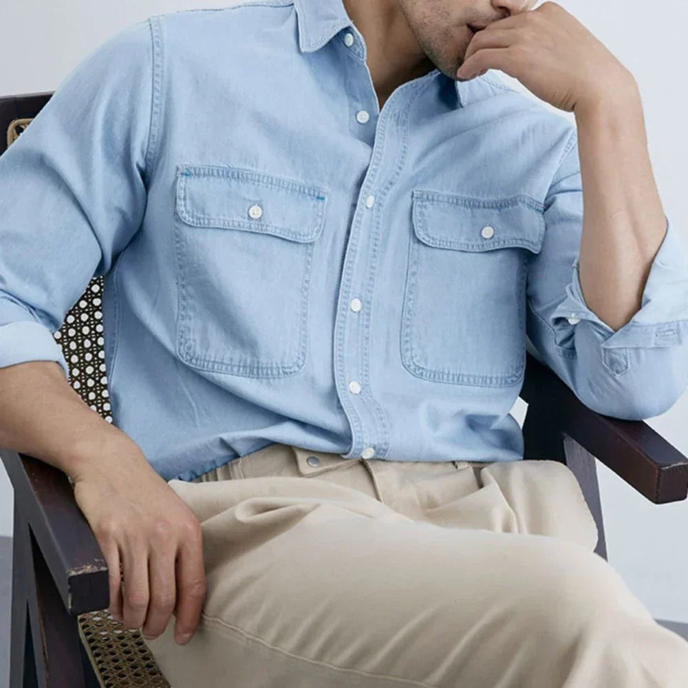 Casual Moisture-Wicking Long-Sleeve Denim Shirt