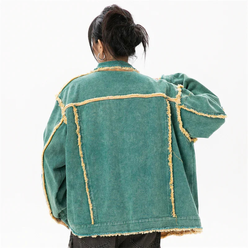 Cyberpunk Stitched Green Long Sleeve Denim Jacket