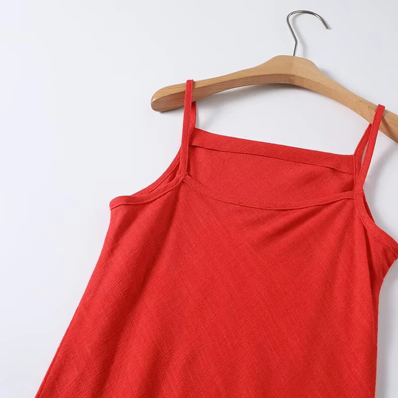 Sexy Red Spaghetti Strap Linen Maxi Dress