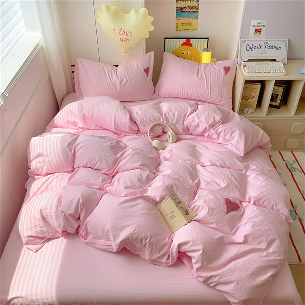 Korean Solid Color Heart Bedding Set