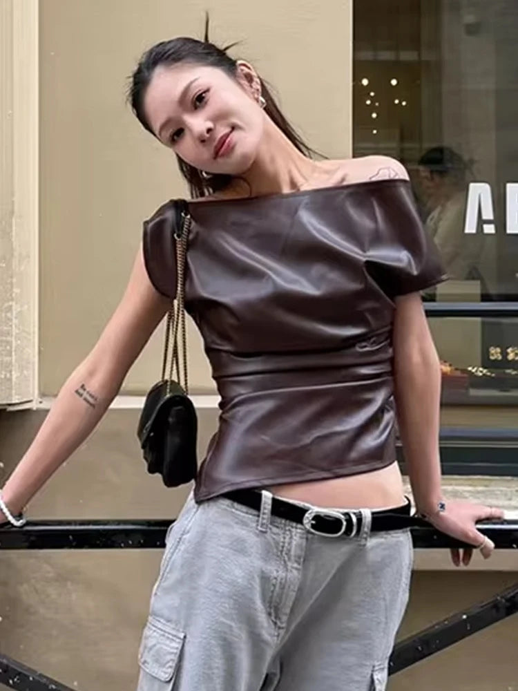 Y2K Faux Leather Brown Top