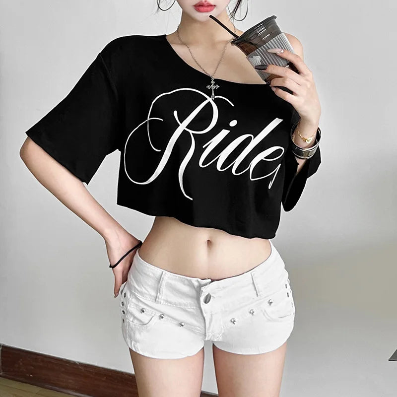 Top corto extragrande asimétrico Ride Print