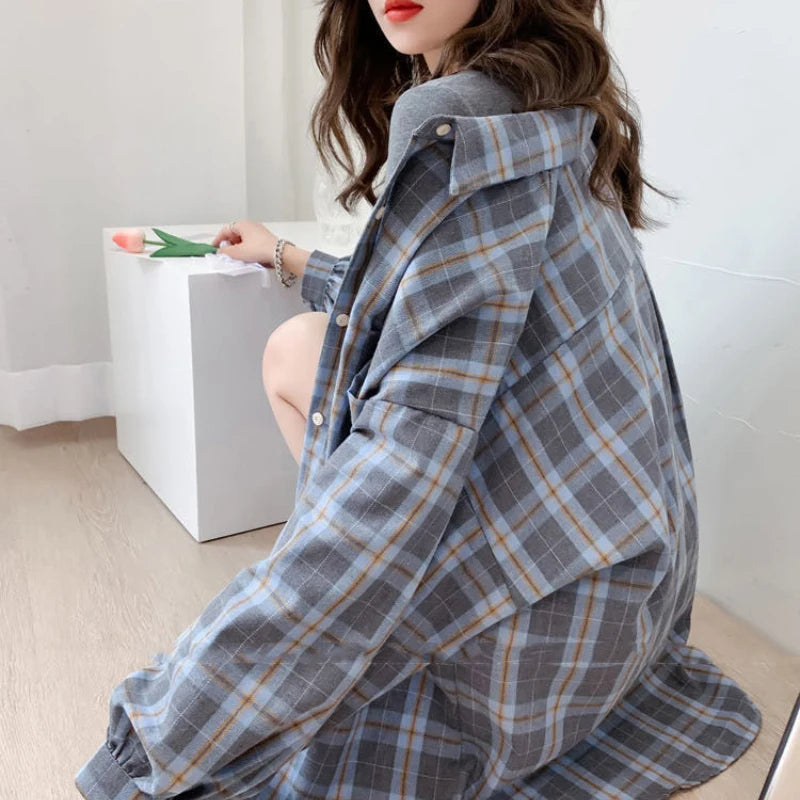 Soft Girl Korean Style Plaid Oversized Shirt