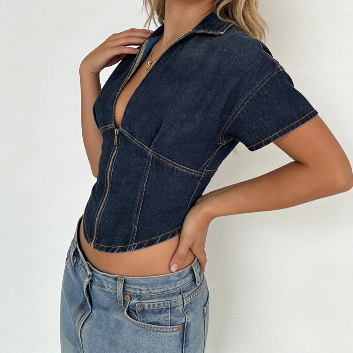 Denim Retro Blue Zip-up Shirt