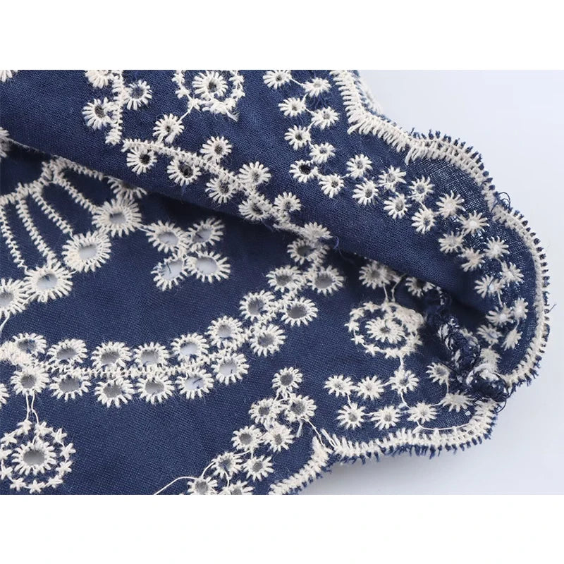 Vintage Sleeve Embroidery Blue Casual Women Shirt
