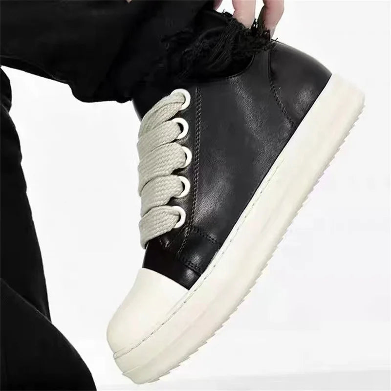 Black Leather Lace Up Casual Thick Bottom Sneakers