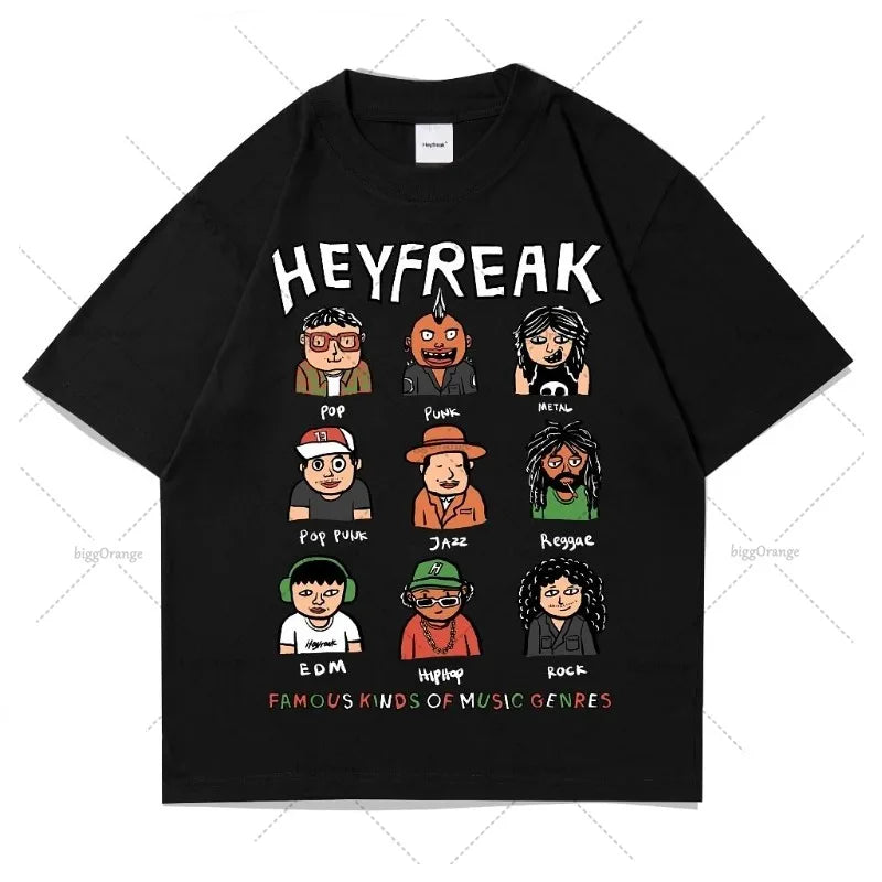 Camiseta Negra Suelta con Estampado de Dibujos Animados Casual
