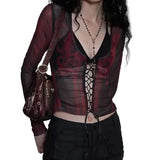 Grunge Aesthetics Tattoo Print Mesh Top