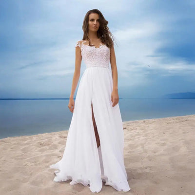 A-Line Long Chiffon White Boho Maxi Dress